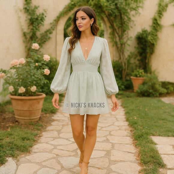 Lulus Light Sage Green Floral Cottagecore Skater Dress Long Sleeve Mini Size XL - Picture 1 of 10